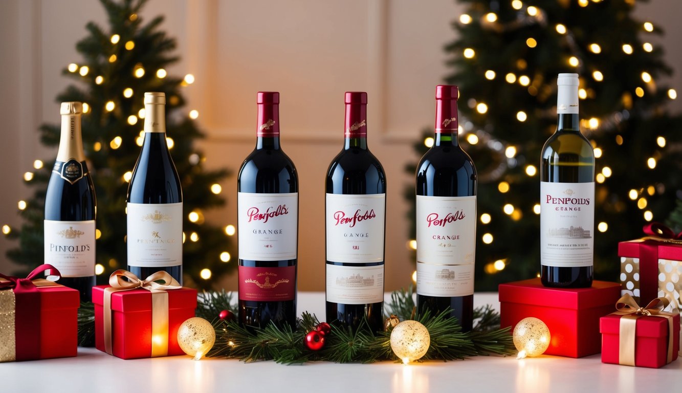 A festive holiday table adorned with five bottles of Penfolds Grange and other top wine brands, surrounded by elegant gift boxes and twinkling lights