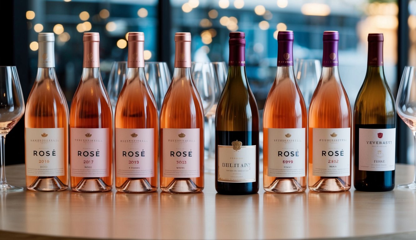 A table with seven bottles of rosé wine, each with a distinct label and color, arranged in a row with elegant wine glasses beside them