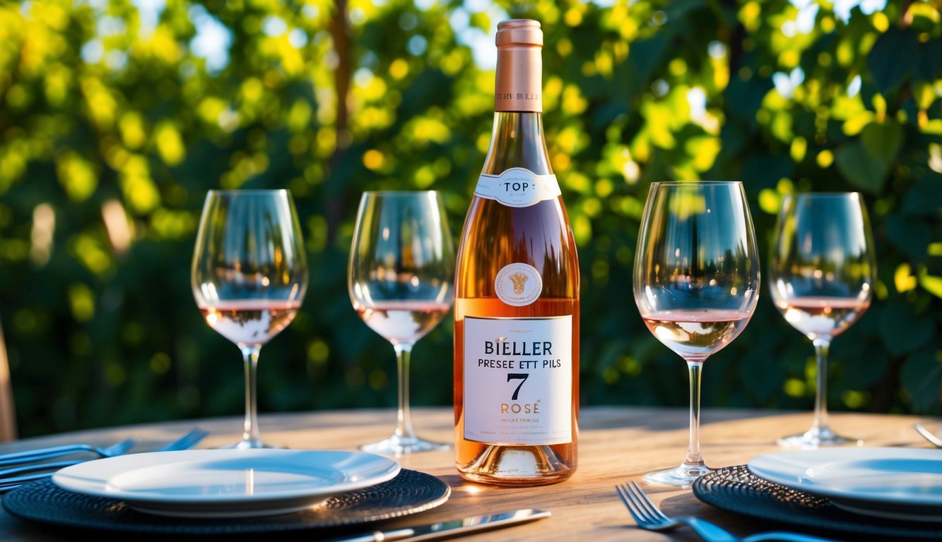 A table set with a bottle of Bieler Père et Fils Top 7 Rosé, surrounded by wine glasses and a lush vineyard backdrop