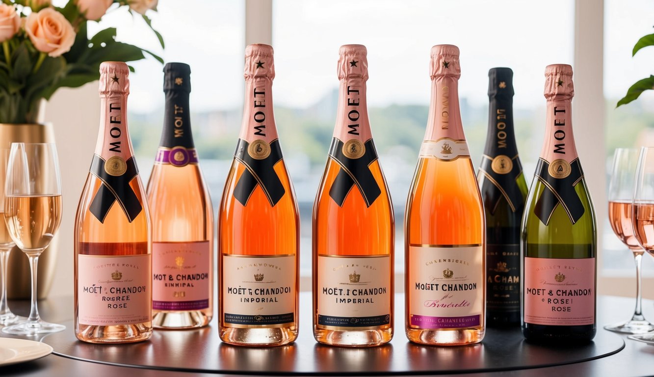 A table set with a bottle of Moët & Chandon Rosé Imperial surrounded by six other top rosé wine brands