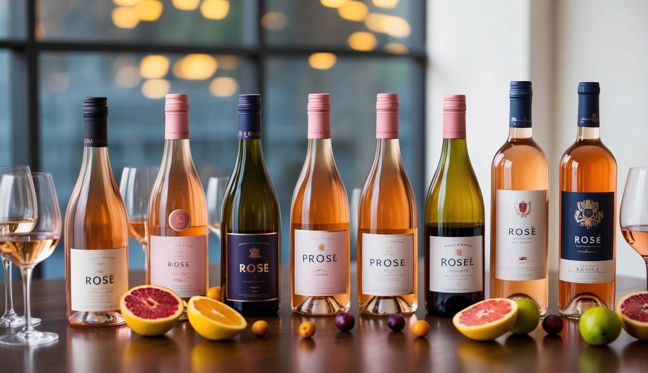 A table with seven different bottles of rosé wine, each with unique labels and colors, surrounded by wine glasses and fresh fruits