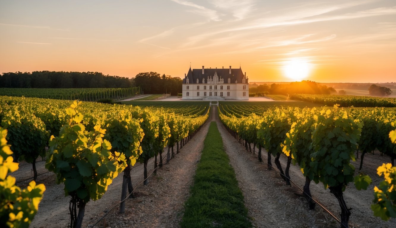 A serene vineyard with rows of grapevines, a majestic château in the background, and a warm, golden sunset casting a glow over the picturesque scene