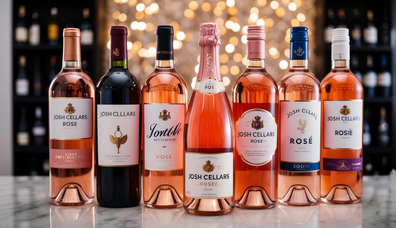 A bottle of Josh Cellars Rosé surrounded by six other top rosé wine brands, arranged in a visually appealing display