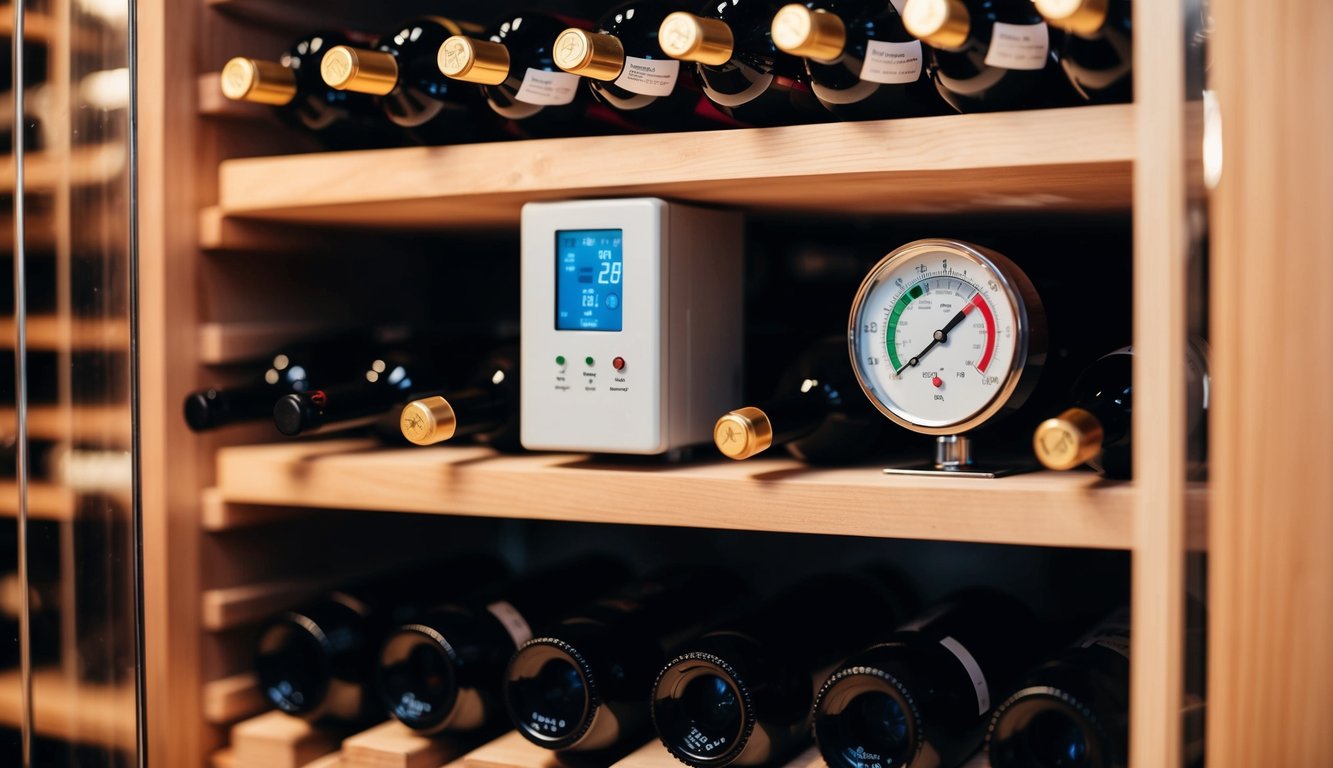 A wine cellar with climate control systems, showing a humidifier and temperature gauge