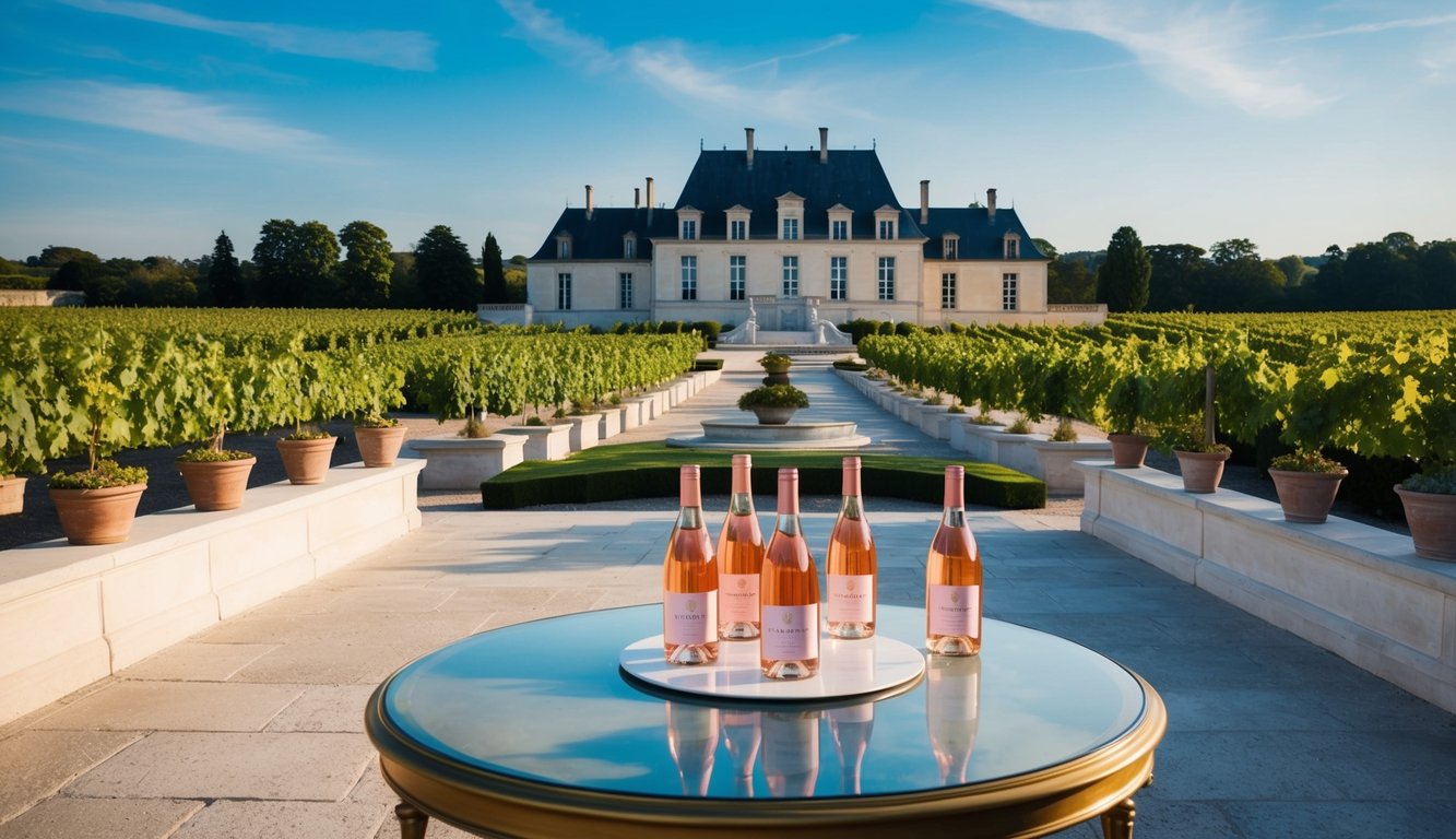 A luxurious château surrounded by vineyards, with elegant bottles of rosé wine displayed on a grand outdoor terrace