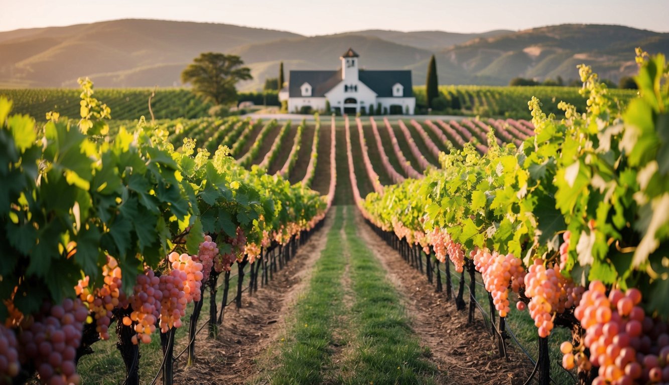 A vineyard with rows of lush, pink-hued grapevines stretching across rolling hills, with a quaint winery in the background