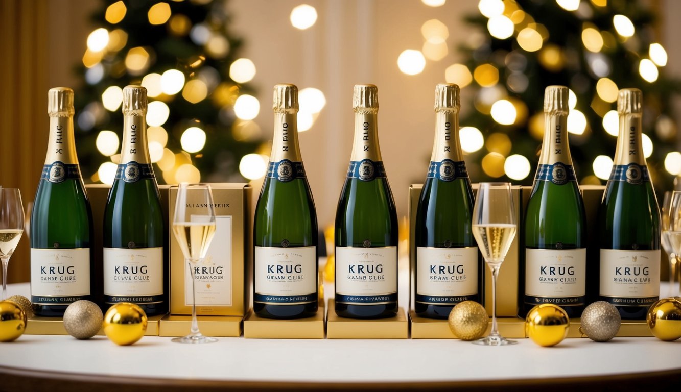 A festive table with ten bottles of Krug Grande Cuvée Champagne displayed in elegant packaging, surrounded by celebratory decorations and glasses ready to be filled