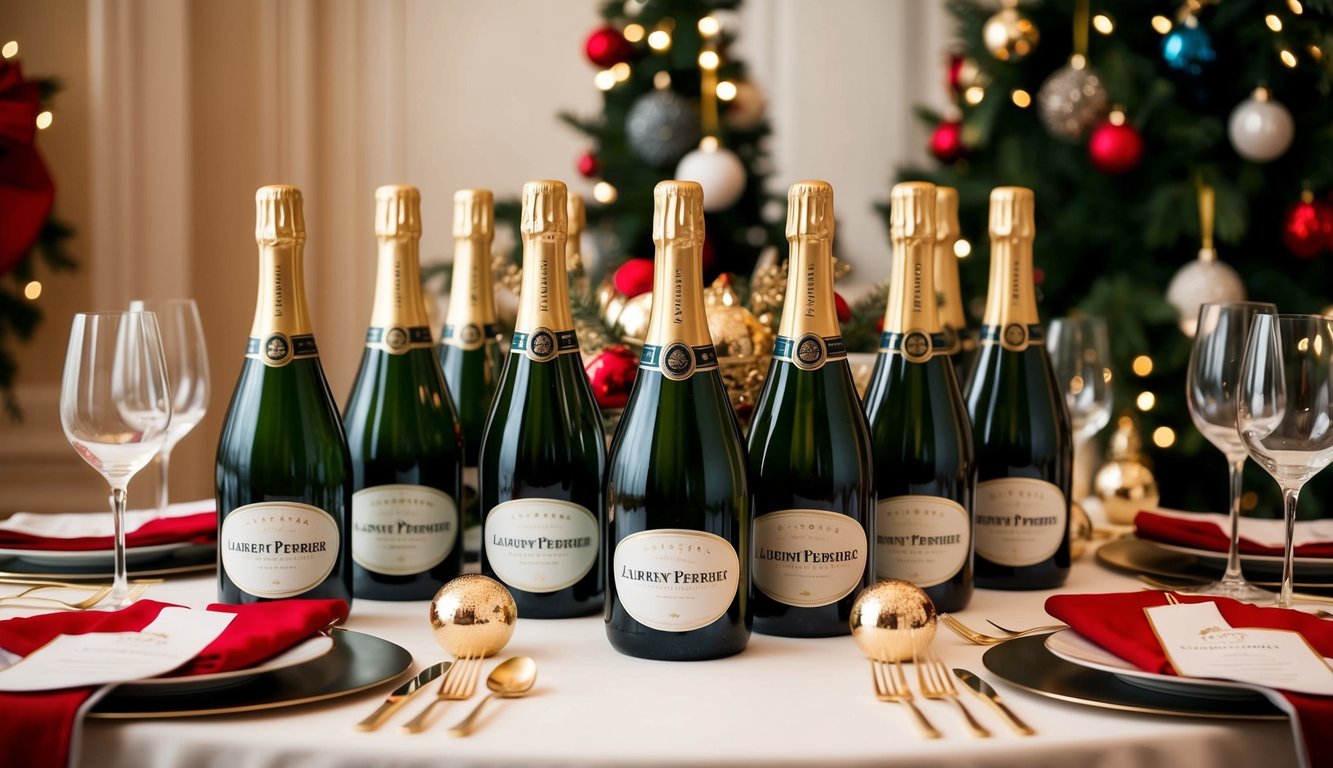 A lavish table set with 10 bottles of Laurent-Perrier champagne, surrounded by festive decorations and elegant glassware