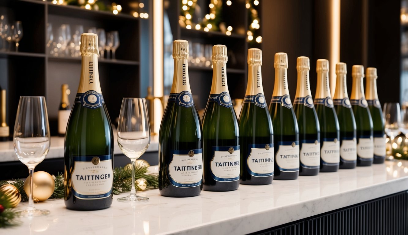 Bottles of Taittinger champagne lined up on a sleek, modern bar counter, surrounded by elegant glassware and festive decorations