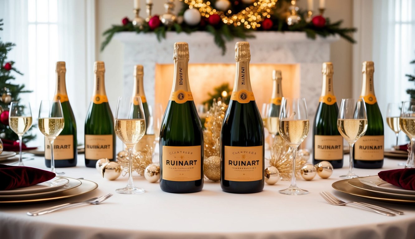 A lavish table set with 10 bottles of Ruinart Blanc de Blancs champagne, surrounded by elegant glassware and festive decorations