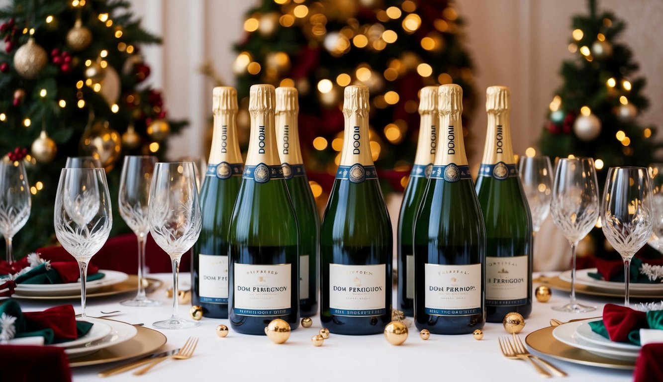 A luxurious table setting with 10 bottles of Dom Pérignon champagne surrounded by elegant glassware and festive decor