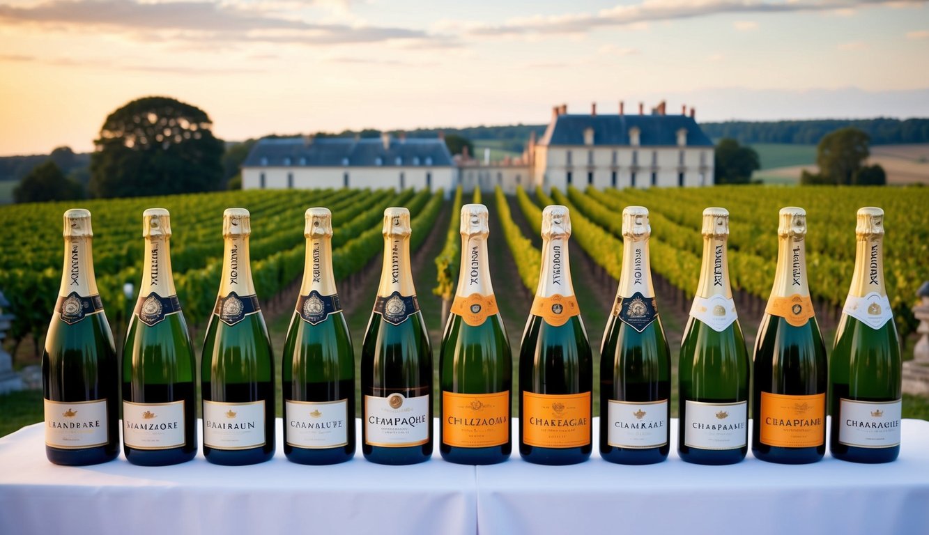 A grand table adorned with 10 bottles of champagne, each representing a prestigious brand, set against a backdrop of historical champagne vineyards and elegant celebrations