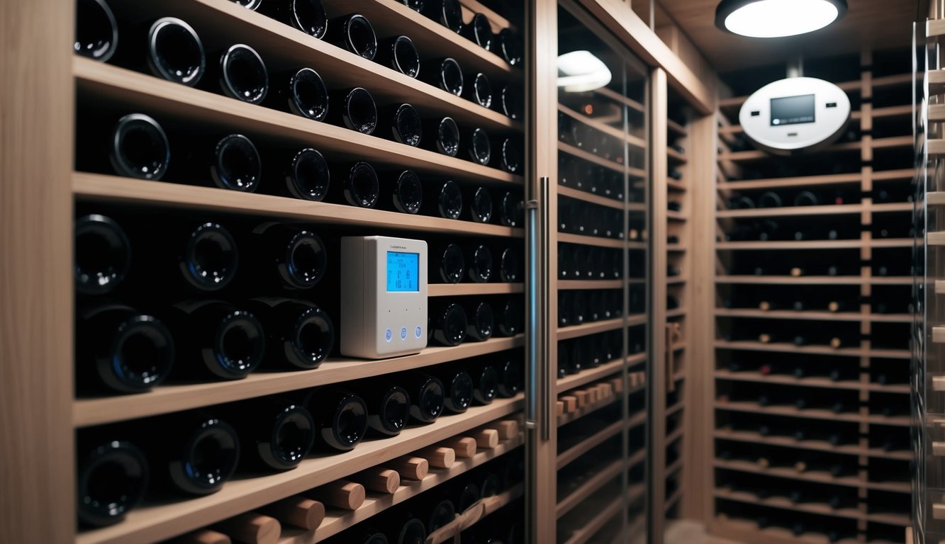 A climate-controlled cellar with neatly organized wine racks, dim lighting, and a temperature and humidity monitoring system