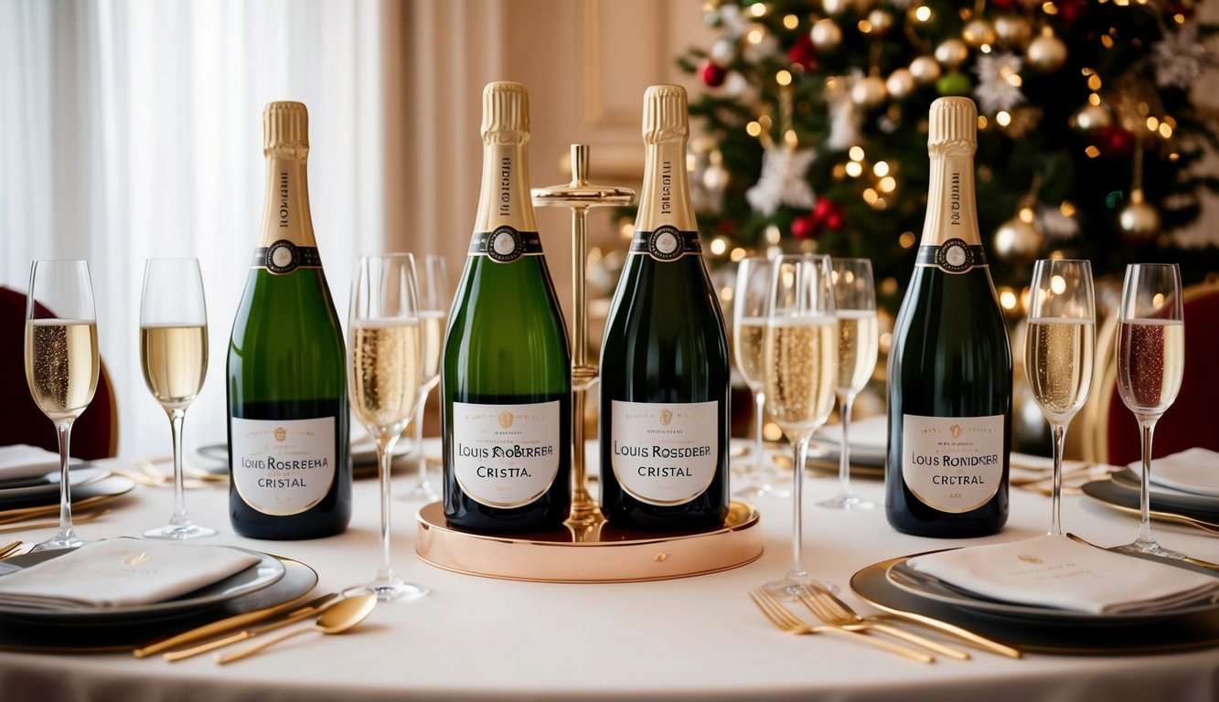 Bottles of Louis Roederer Cristal and other champagne brands displayed on a luxurious table with elegant glassware and festive decorations