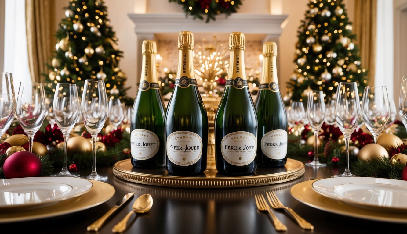 A lavish table set with 10 bottles of Perrier-Jouët champagne, surrounded by elegant glassware and festive decorations