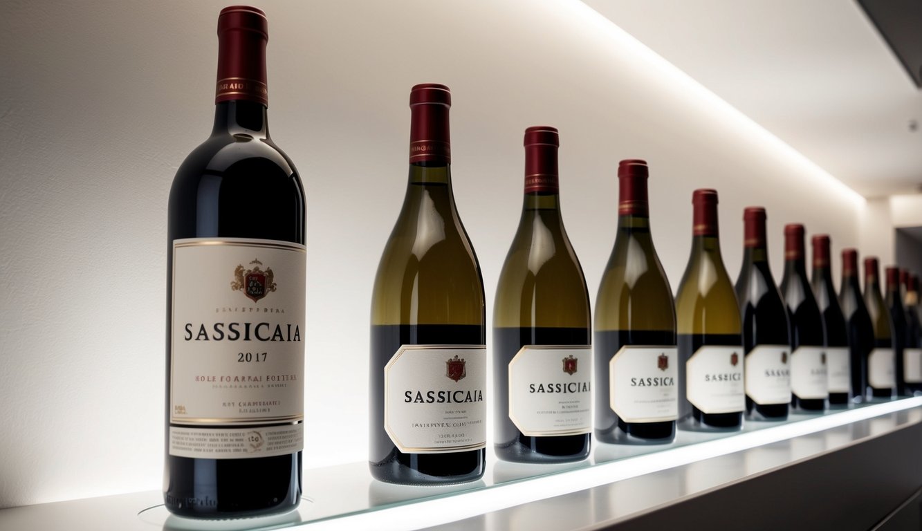 A row of wine bottles with elegant labels displayed on a sleek, modern shelf. A spotlight shines on the bottle of Sassicaia, highlighting its prestigious status