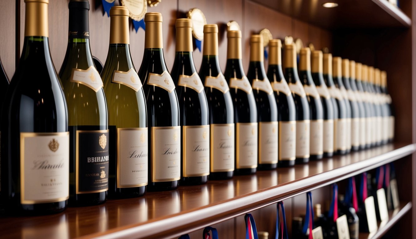 A row of elegant wine bottles with gold labels displayed on a polished wooden shelf, adorned with accolades and ribbons