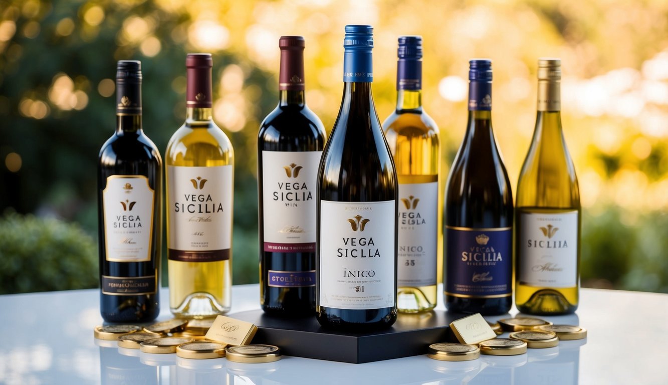 A bottle of Vega Sicilia Único wine stands on a pedestal, surrounded by other top award-winning wine brands of the year