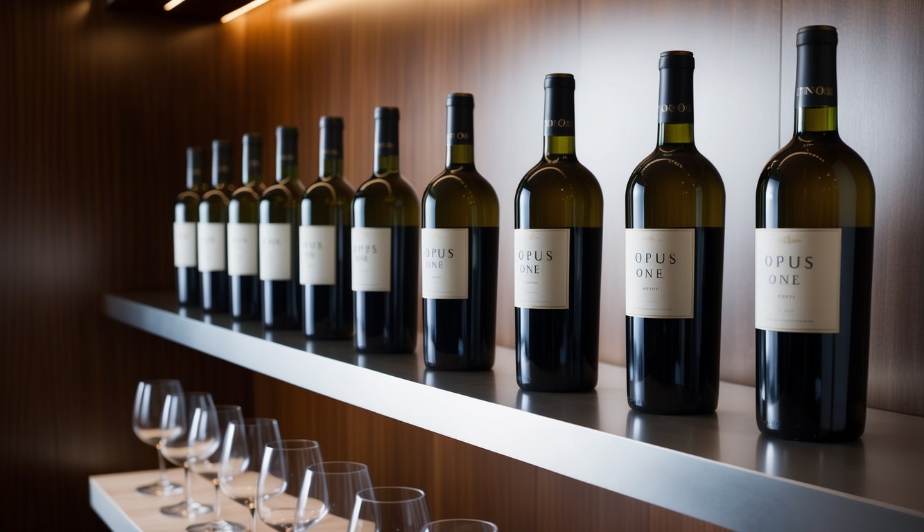 A row of Opus One wine bottles displayed on a sleek, modern shelf with soft spotlighting, surrounded by elegant wine glasses and a polished wooden backdrop