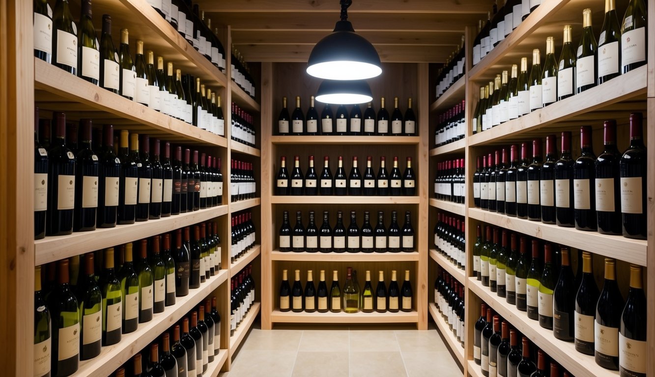 A wine cellar with rows of award-winning wine bottles displayed on wooden shelves, illuminated by soft overhead lighting