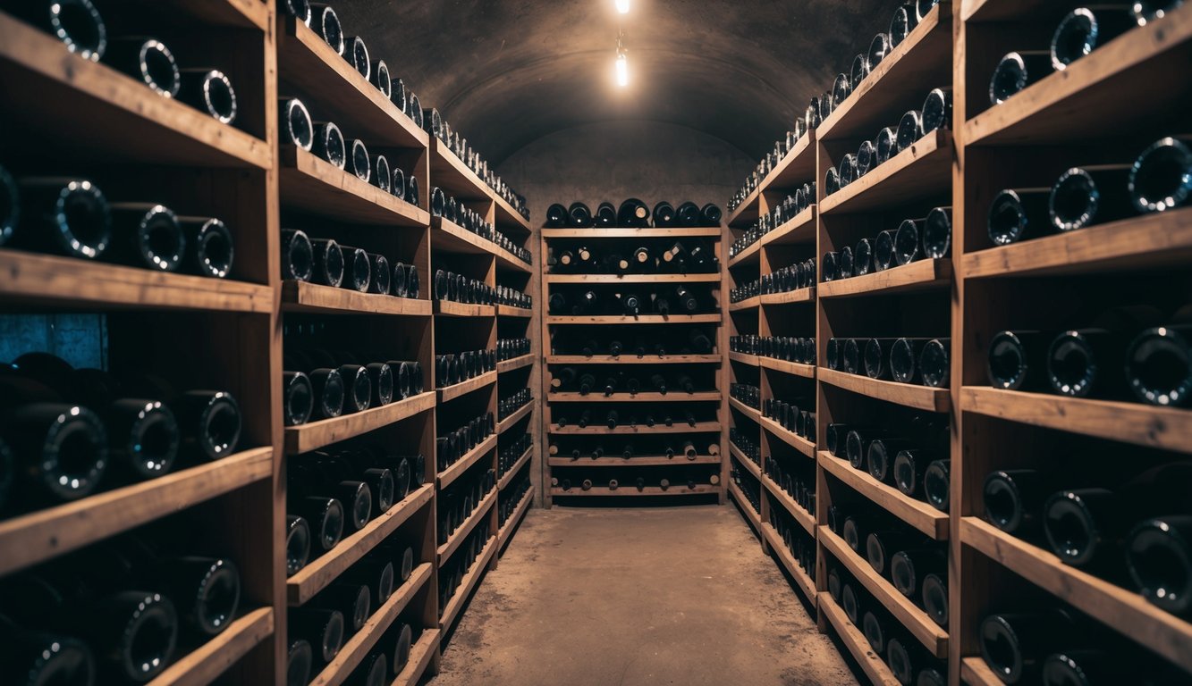 A dimly lit cellar with rows of wooden wine racks holding dusty bottles, surrounded by a cool, musty atmosphere