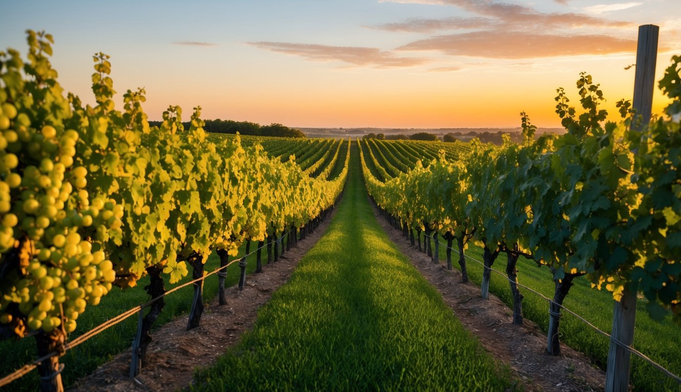 A majestic eagle soaring above a vineyard, with lush green vines and ripe grapes, under a golden sun