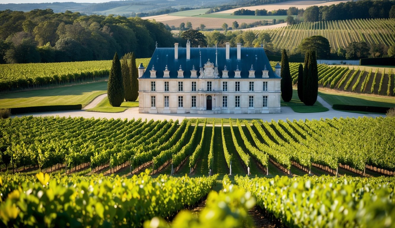 A grand château surrounded by rolling vineyards, with a prestigious award displayed prominently