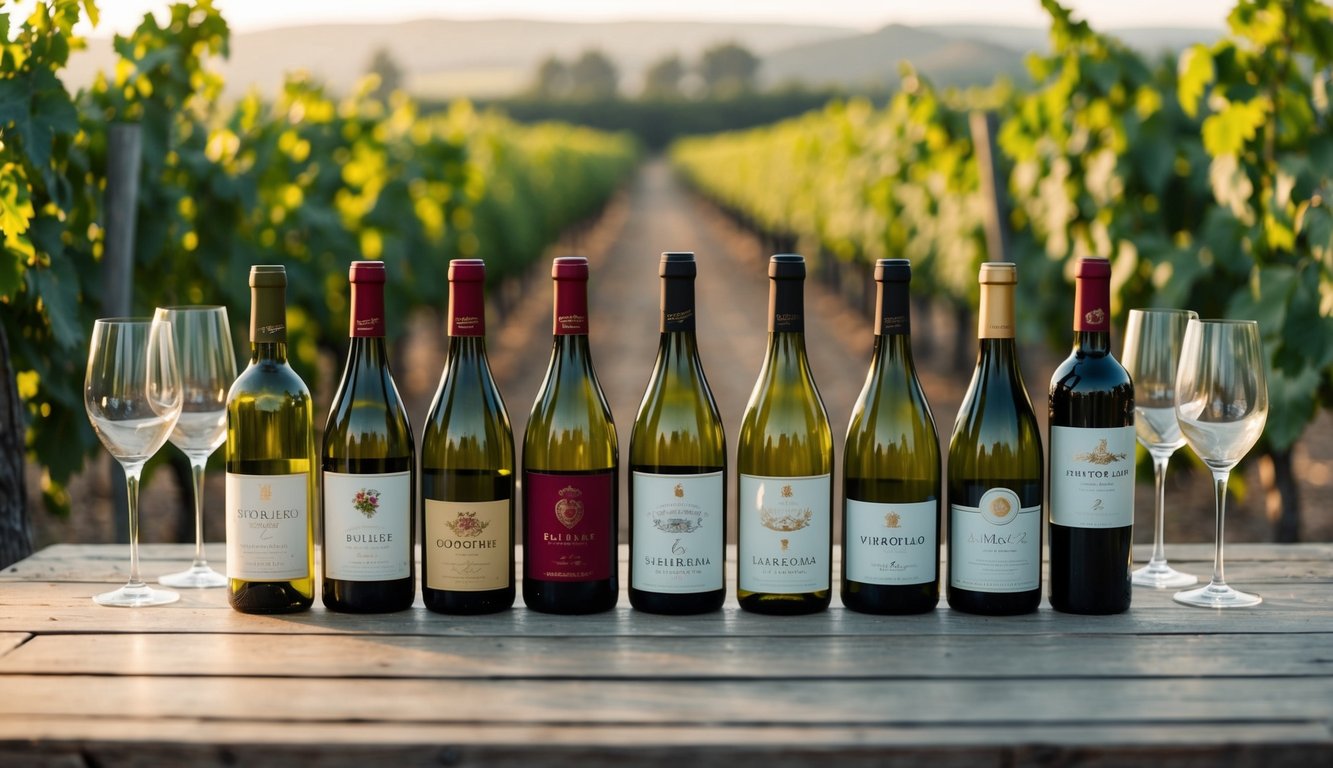 A collection of ten iconic wine bottles arranged on a rustic wooden table, surrounded by vineyard scenery and elegant wine glasses