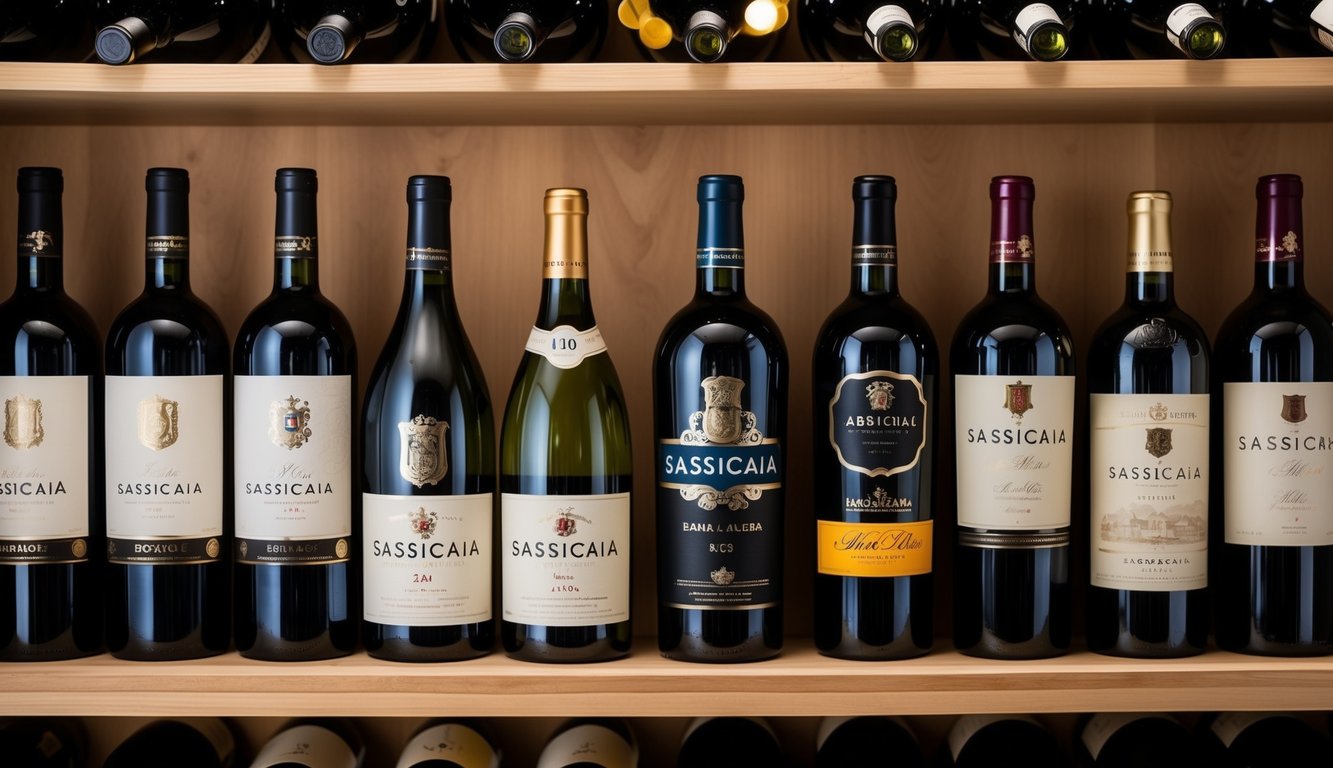 A wine cellar with 10 bottles of Sassicaia and other notable wine brands displayed on wooden shelves