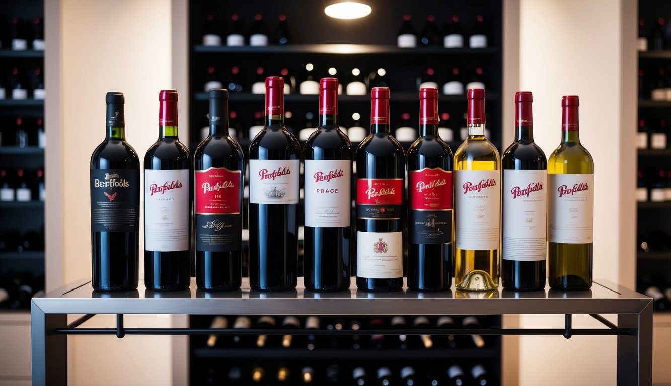 A collection of 10 iconic wine bottles, including Penfolds Grange, displayed on a sleek, modern wine rack against a backdrop of dimly lit cellar shelves