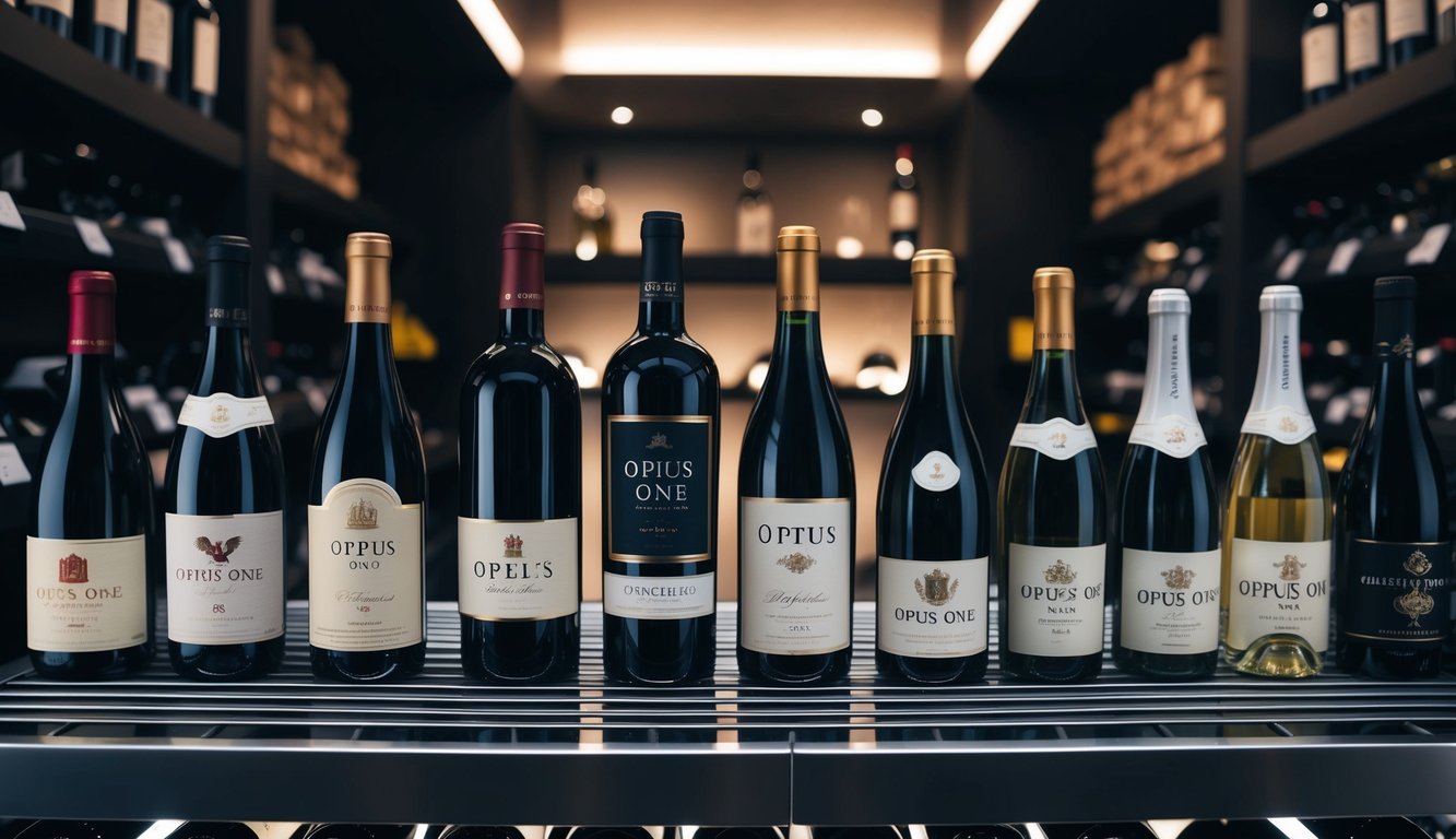 A collection of Opus One and nine other renowned wine brands displayed on a sleek, modern wine rack in a dimly lit, elegant cellar