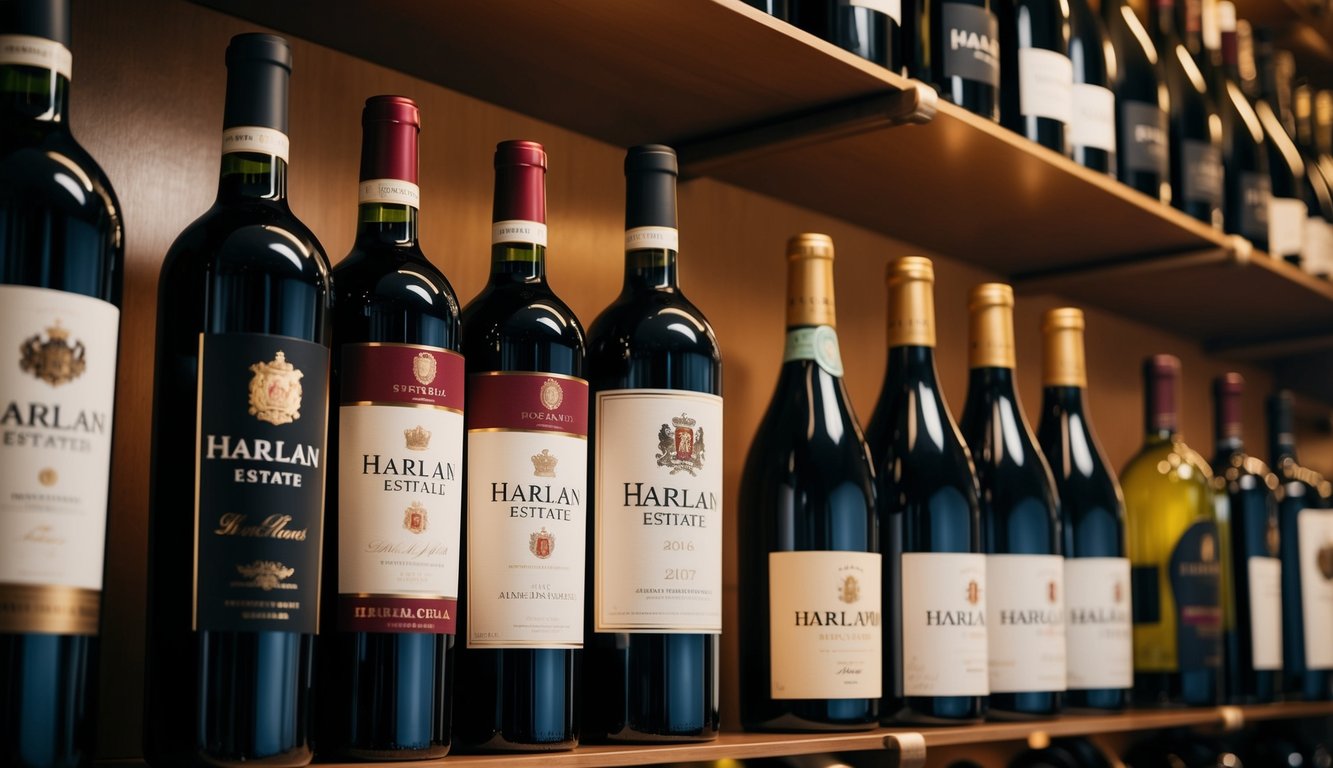 A luxurious wine cellar featuring bottles of Harlan Estate and other prestigious wine brands displayed on elegant racks and shelves