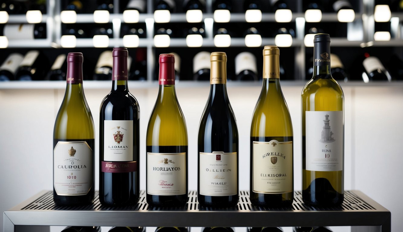 A collection of 10 iconic wine bottles displayed on a sleek, modern wine rack, with each label prominently featured. Bright lighting highlights the bottles, creating a visually striking scene