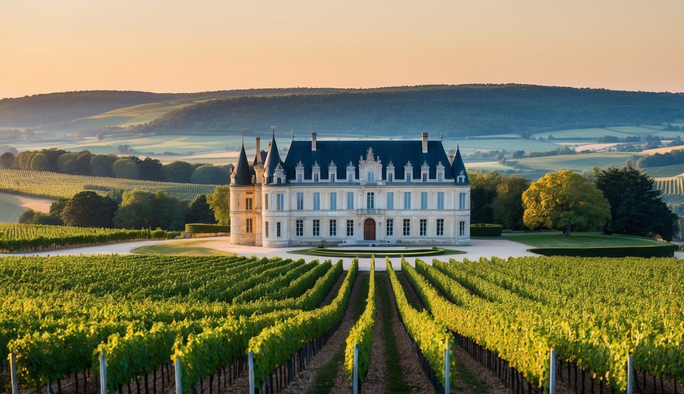 A grand château with sprawling vineyards, the iconic Château d'Yquem stands tall, surrounded by rolling hills and lush greenery