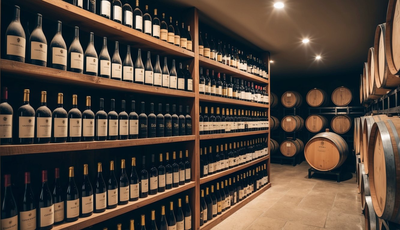 A dimly lit cellar with rows of dusty wine bottles from prestigious brands displayed on wooden shelves, surrounded by vintage wine barrels