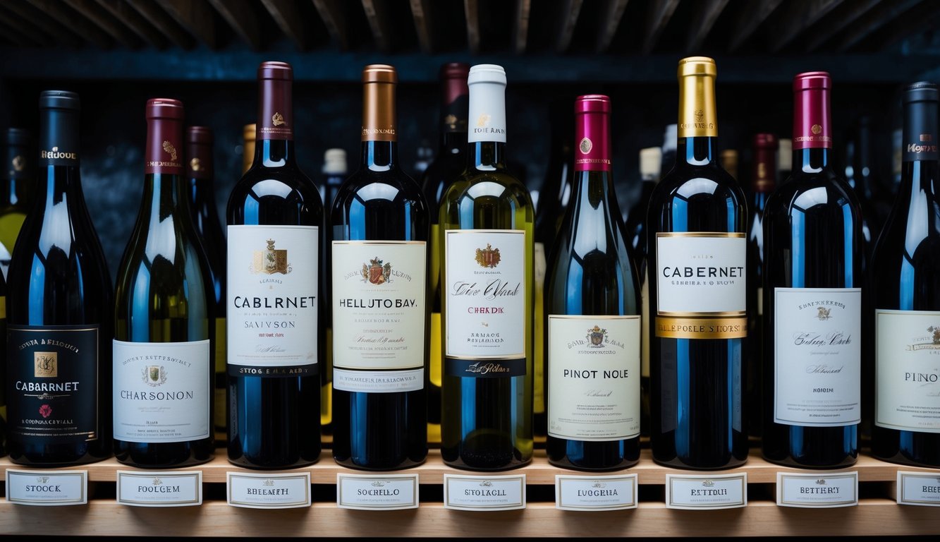 Various wine bottles stored in a cool, dark cellar. Each bottle is labeled with the specific varietal, such as Cabernet Sauvignon, Chardonnay, and Pinot Noir. The bottles are organized neatly on wooden racks