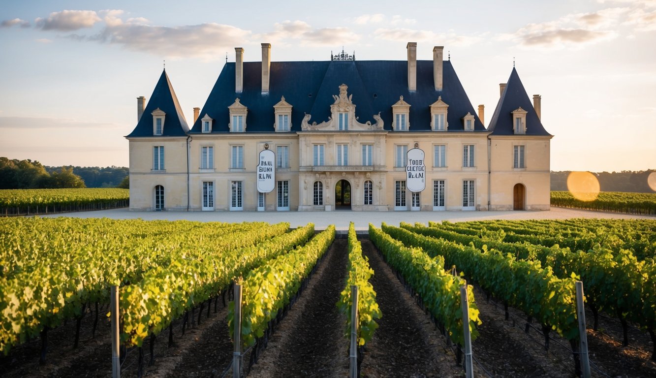 A grand château with vineyards, showcasing the iconic Cheval Blanc wine label among nine others