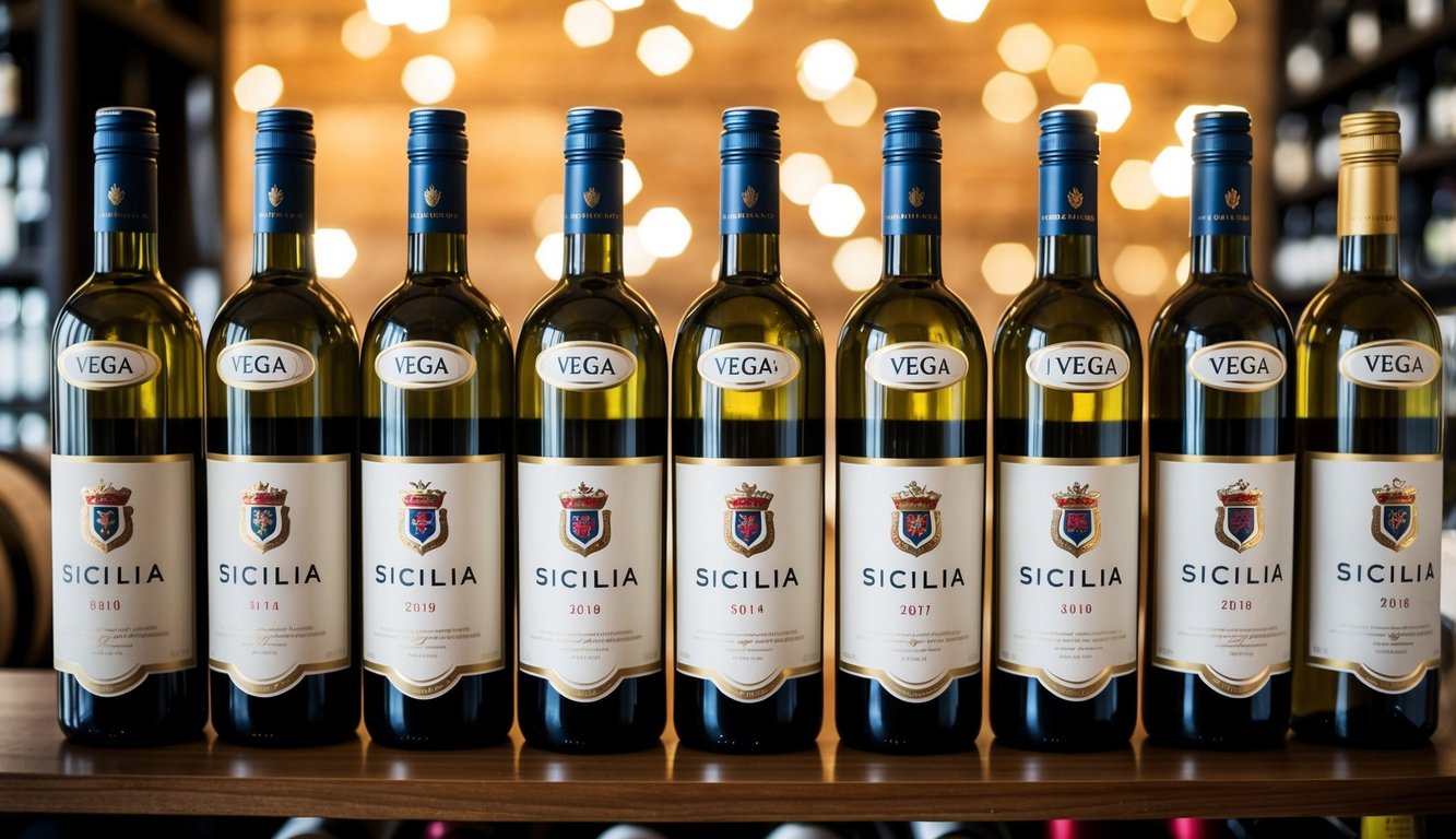 A collection of ten bottles of Vega Sicilia wine displayed on a wooden shelf, each bottle labeled with the brand's distinctive logo