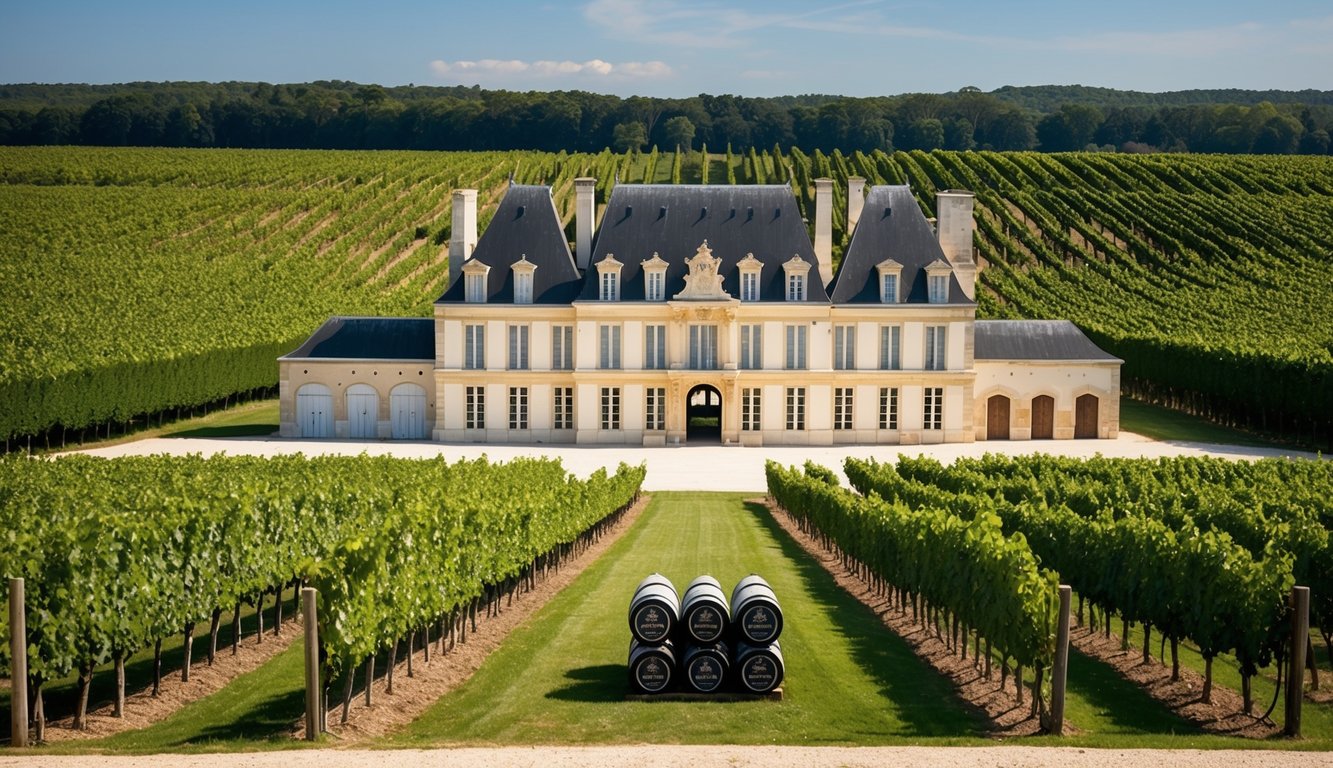 A grand chateau surrounded by lush vineyards, with rows of grapevines stretching into the distance. A regal wine cellar filled with barrels and bottles, each bearing the prestigious label of Domaine de la Romanée-Conti