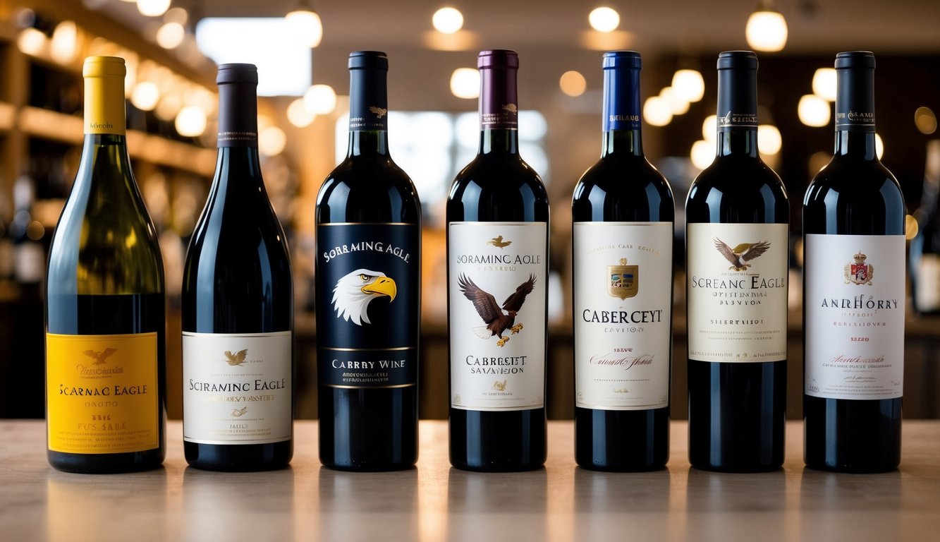 A bottle of Screaming Eagle Cabernet Sauvignon stands among seven other international wine brands, each with distinct labels and shapes