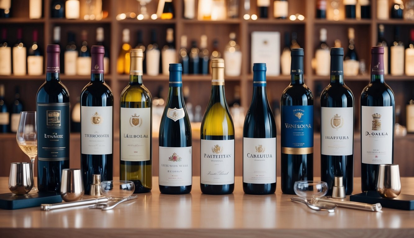 A table set with eight bottles of international wine, surrounded by various wine tasting tools and accessories