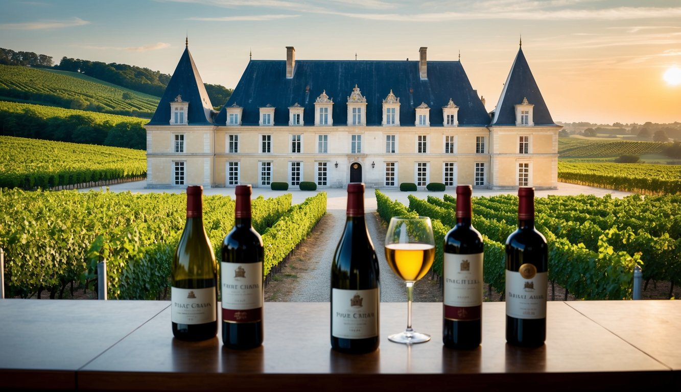 A grand château surrounded by lush vineyards, with elegant wine bottles displayed in a prestigious setting