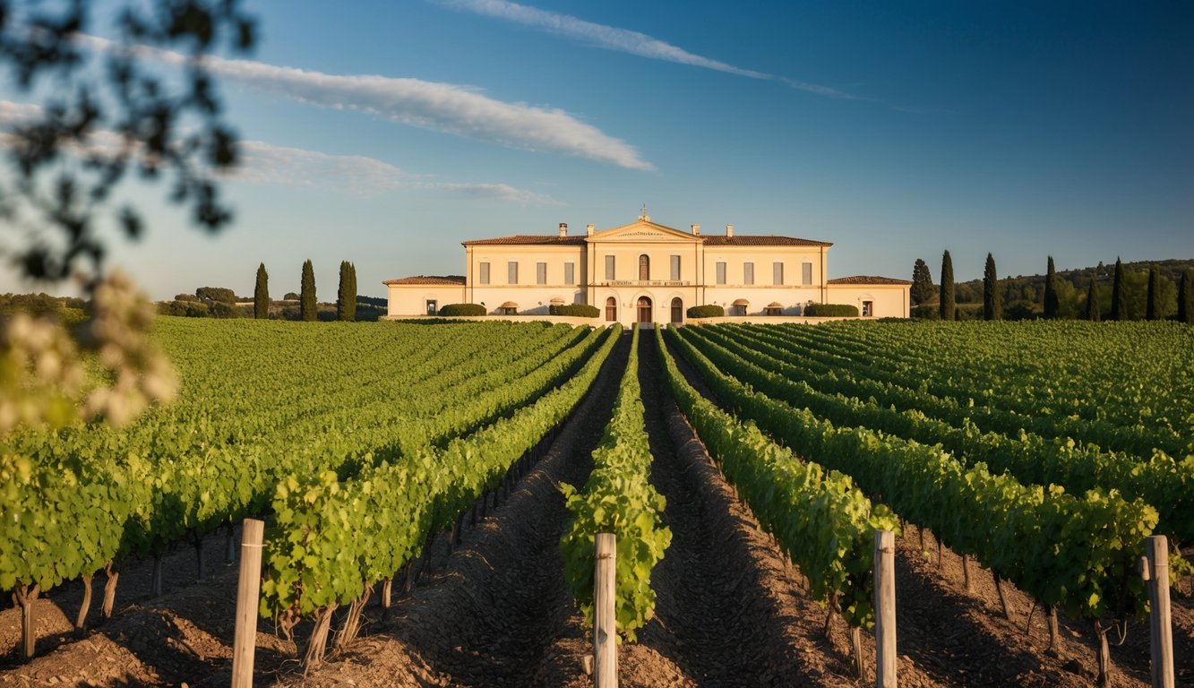 A vineyard with rows of grapevines stretching into the distance, a grand winery in the background, and the Marchesi Antinori Solaia label prominently displayed