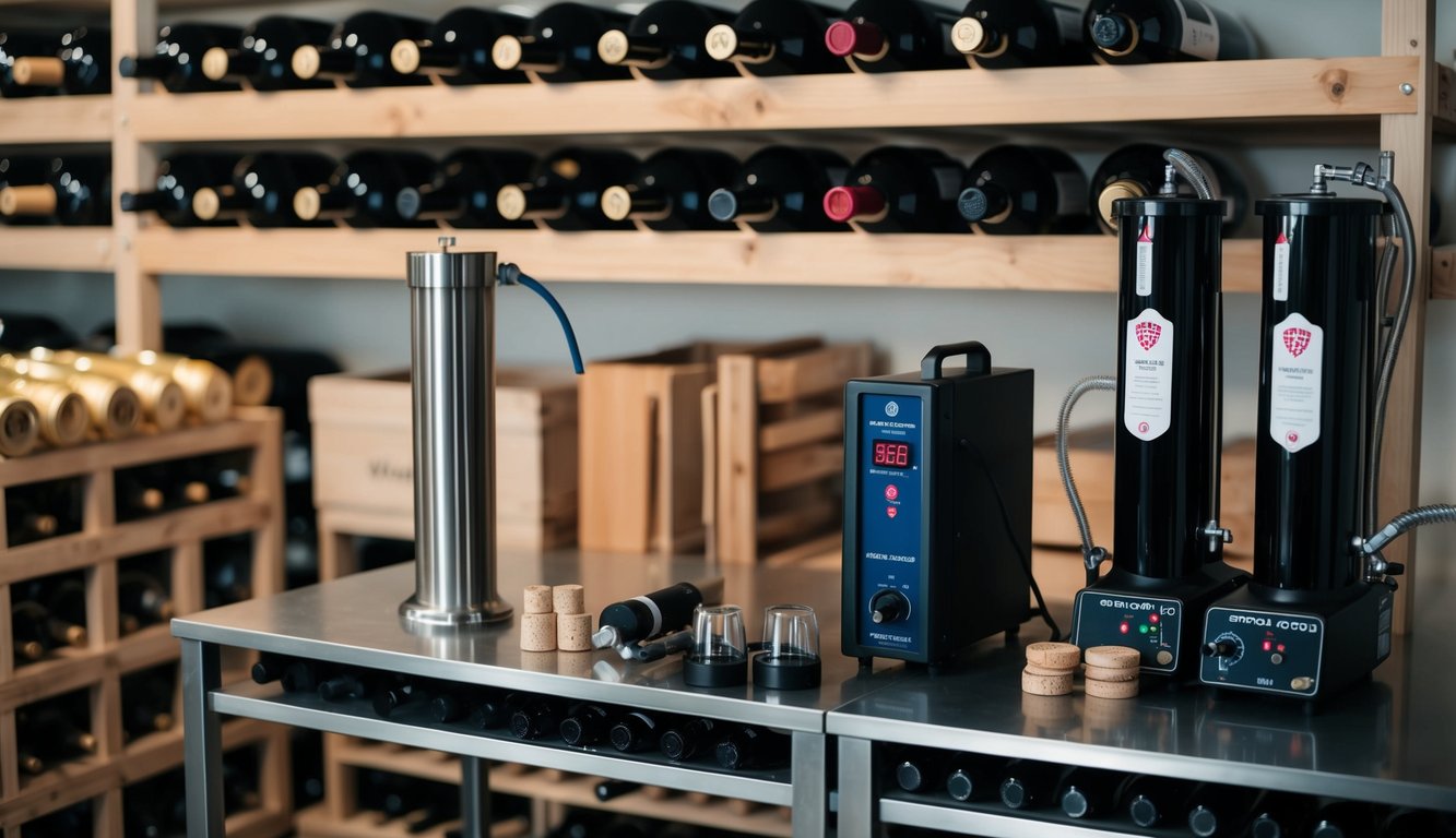 A wine cellar with racks of bottles, corking tools, vacuum sealers, and inert gas dispensers for long-term preservation