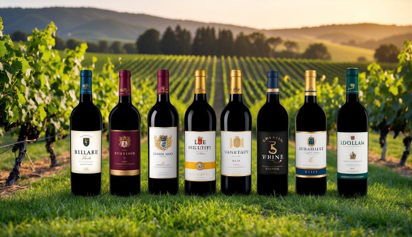 A vineyard landscape with 8 iconic international wine brand labels displayed on elegant bottles, surrounded by lush grapevines and rolling hills