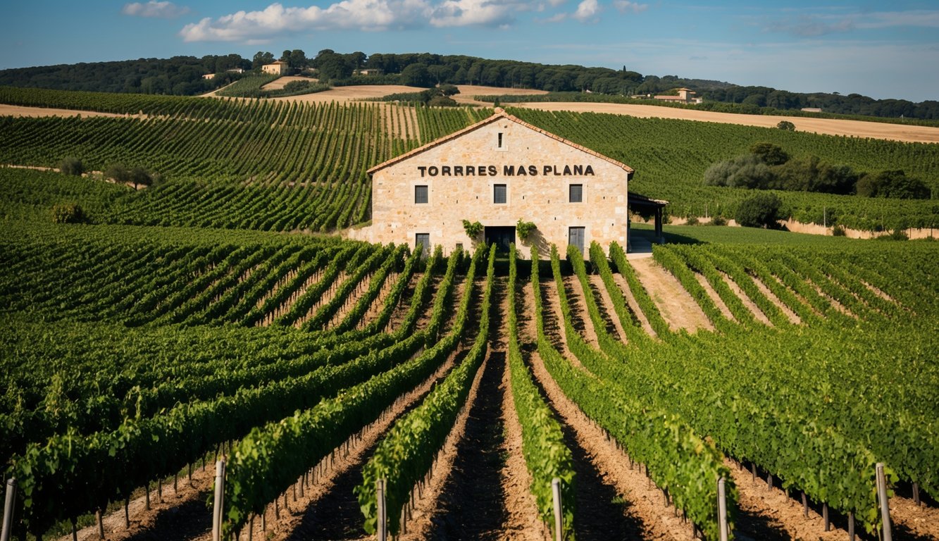 A vineyard with rows of grapevines stretching across a rolling landscape, a rustic stone building with the name "Torres Mas La Plana" displayed prominently