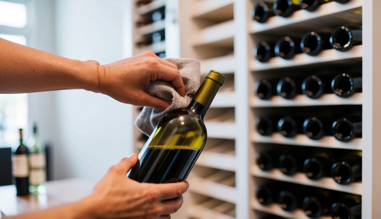 A hand reaching for a wine bottle, wiping the dust off with a cloth. A wine rack filled with neatly organized bottles in the background