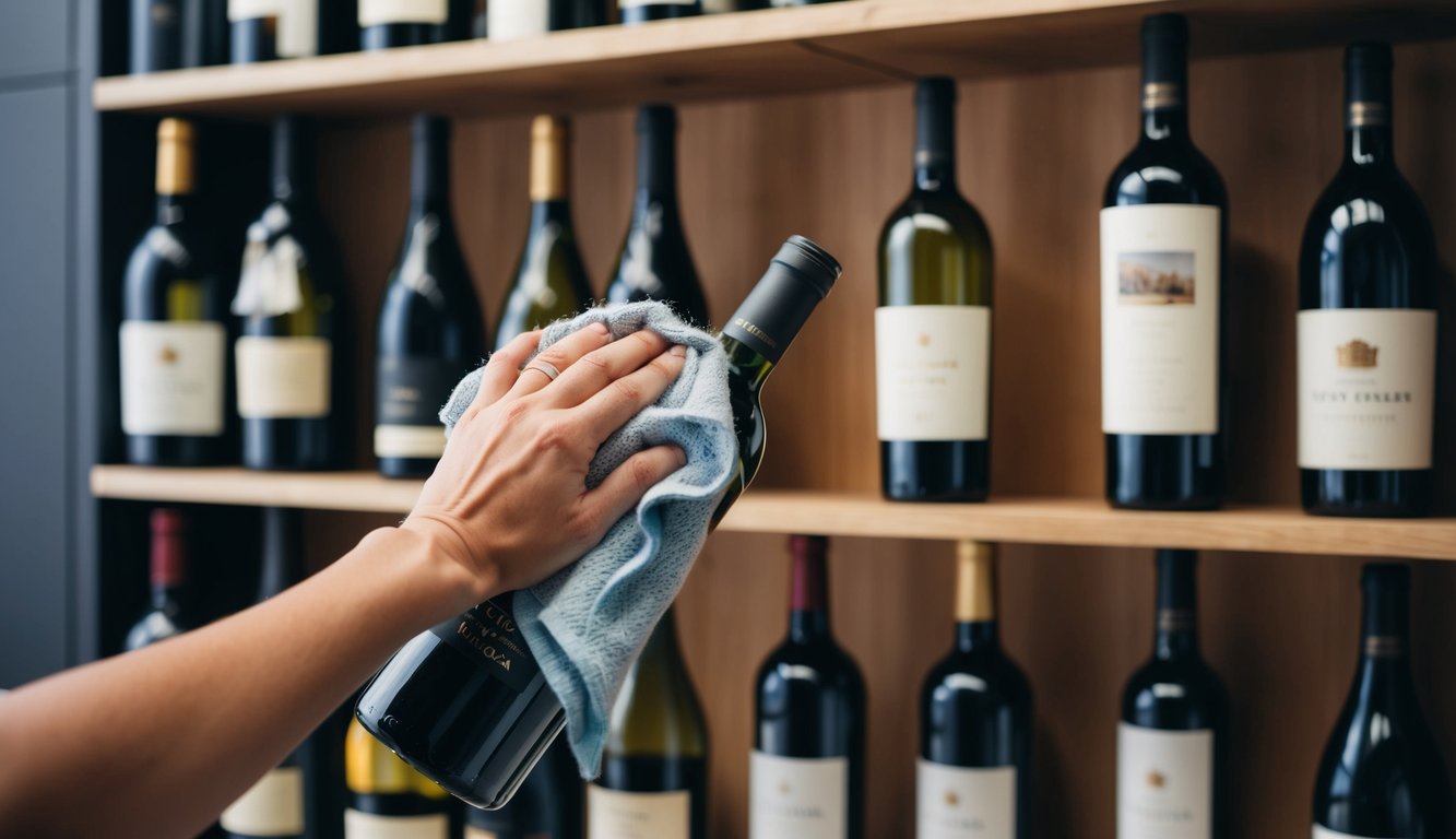 A hand reaches for a wine bottle, wiping away dust with a cloth. The bottle sits on a wooden shelf, surrounded by other bottles