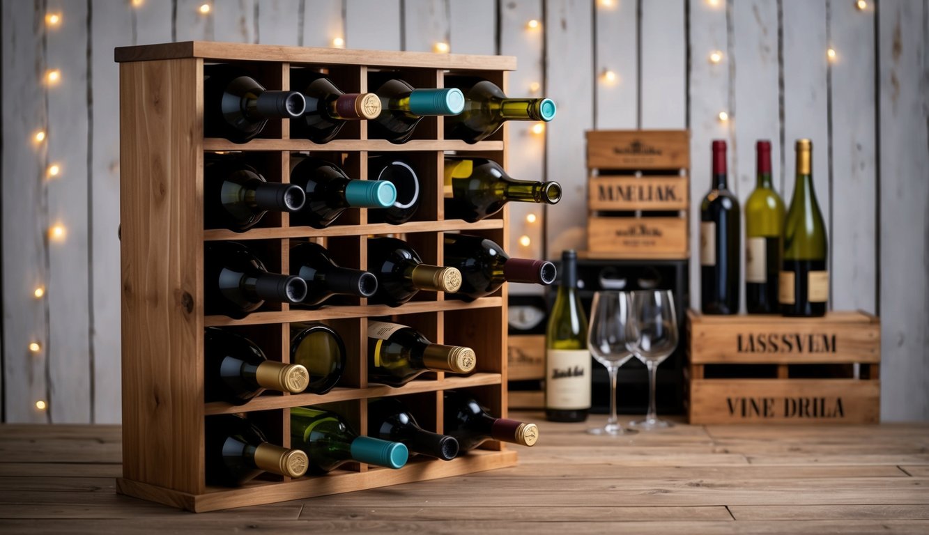 A rustic wooden wine rack filled with various shaped bottles and glasses, set against a backdrop of stacked wine crates and dangling fairy lights