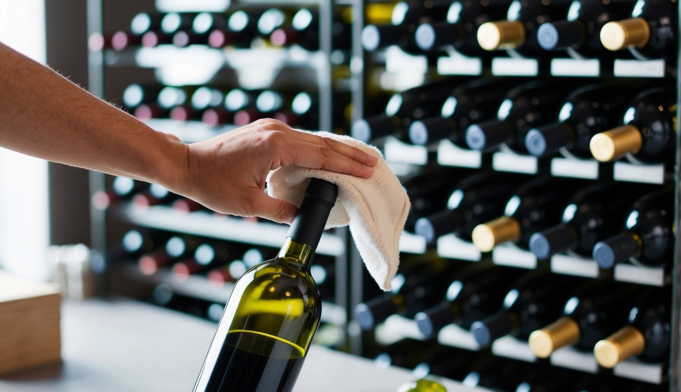 A hand reaching for a wine bottle, wiping off dust with a soft cloth. A rack of neatly organized bottles in the background